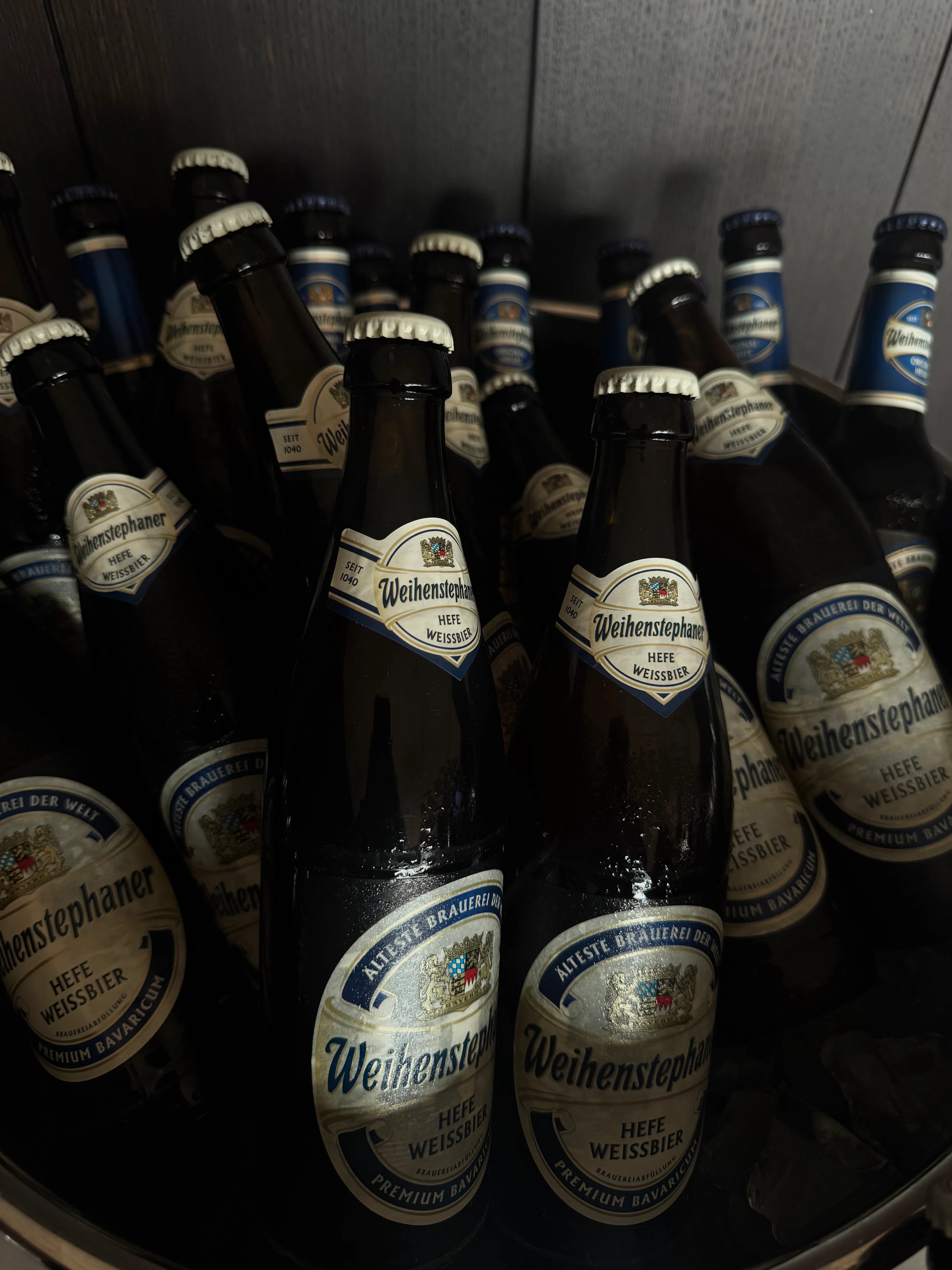 Weihenstephaner bottles on ice at the Worldwatch lounge