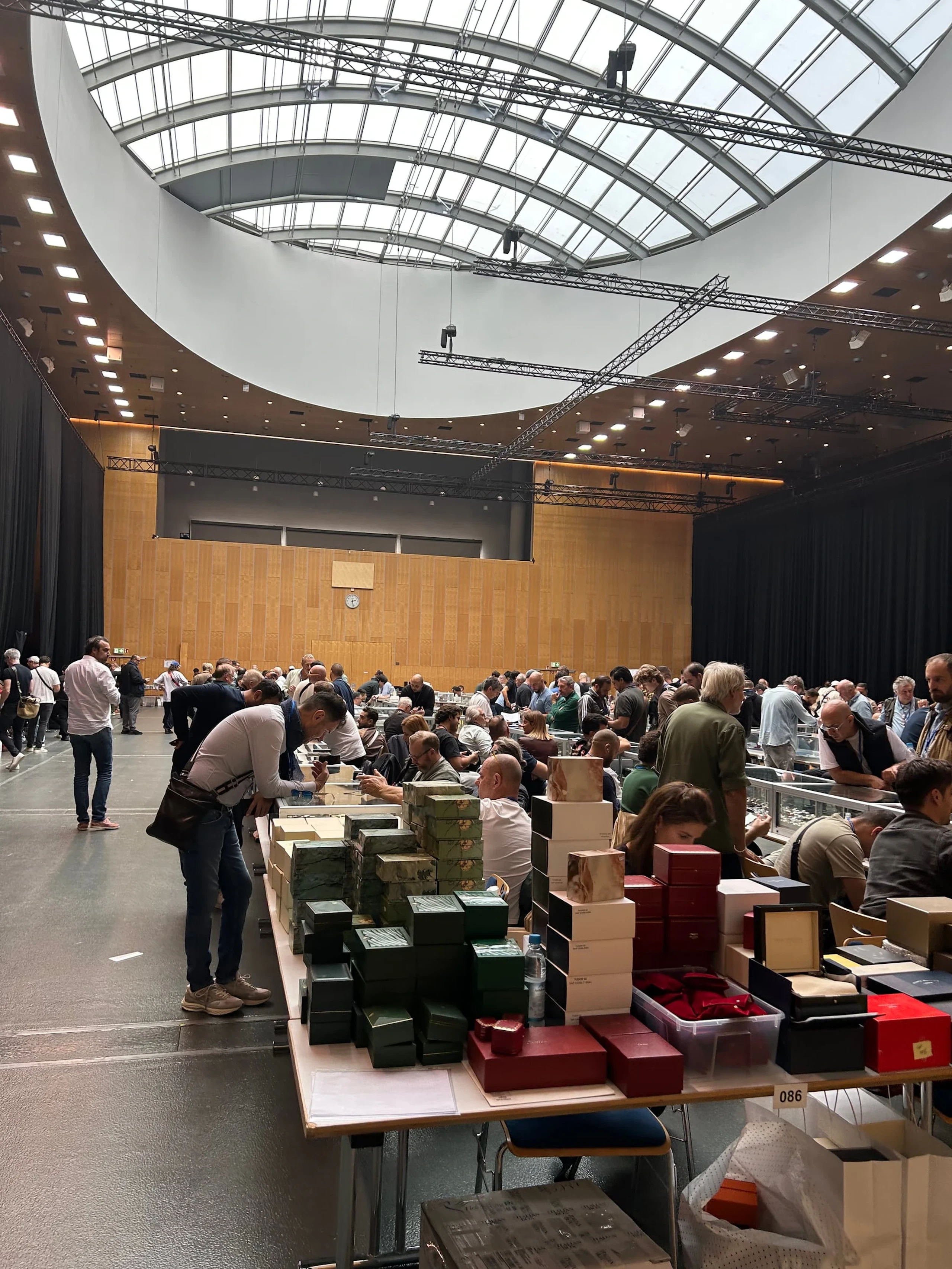 Dealers’ tables in the hall of the Munich watch fair