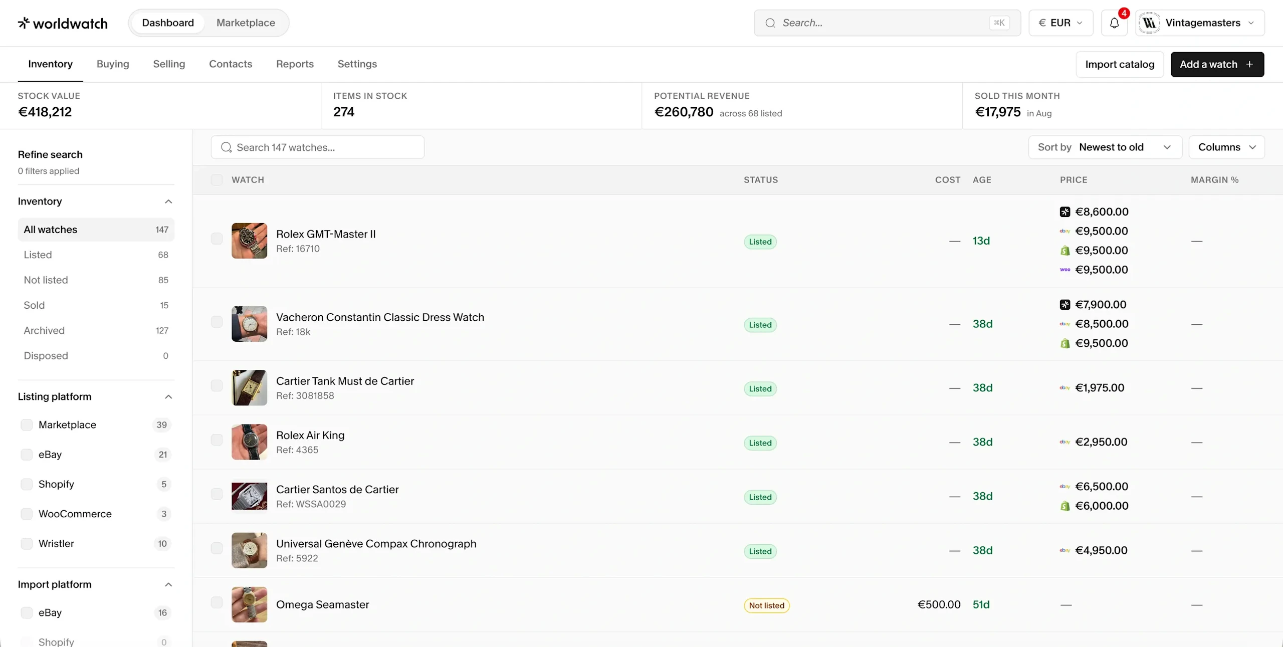 The inventory list, with each watch on its own record, light theme